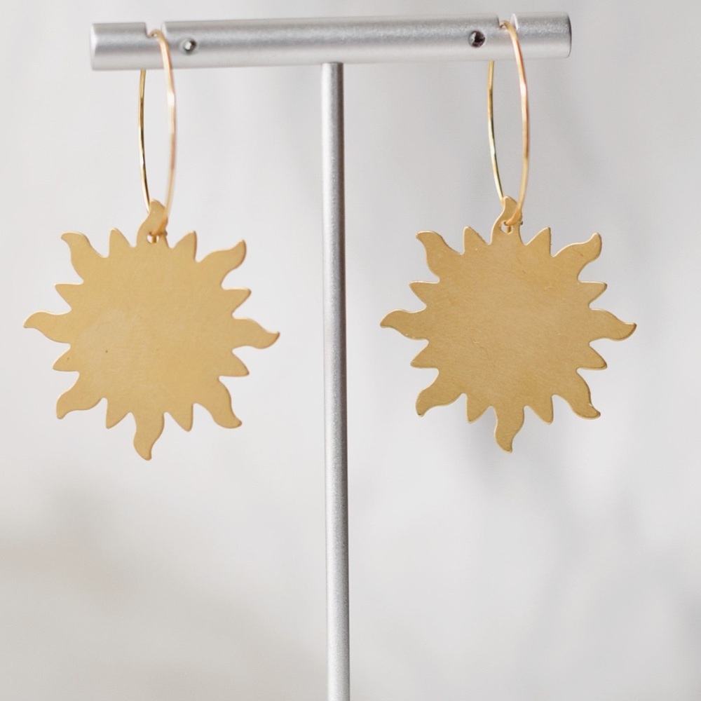 Brass Sun DiscHoops. Pierced Earrings. 2”. Pair.